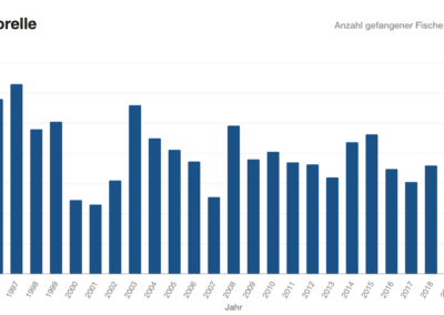 Balkendiagramm: Forellenfänge Kögelweiher 1996–2020.